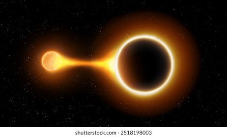 Black hole swallows star. Singularity in space attracts red giant. Gravitational interaction of black hole with star. - Powered by Shutterstock