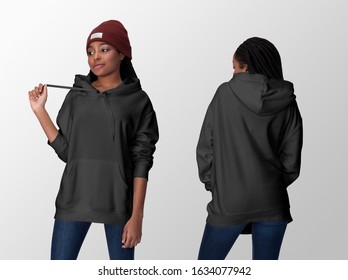 Black Hoodie On A Young African American Woman In Jeans And Hat, Front And Back, Isolated, Mockup Template