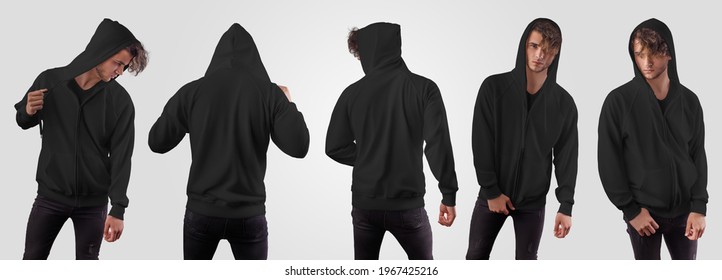 Black hoodie template with zipper closure, pocket on a guy in a hood, front, back, for design presentation, print. Mockup of mens sweatshirt isolated on background.Set for advertising branded clothing - Shutterstock ID 1967425216