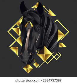 black horse portrait with gold foil geometric art on face ON DARK BACKGROUND