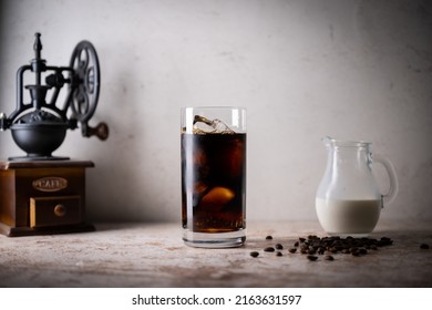 Black Iced Cofee With Rustic Background