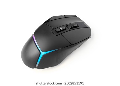 Black Illuminated Gaming Computer Mouse. Front view, 45 degree angle isolated on white.