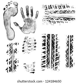 Black Ink Foot, Hand, Shoe Sole, Car And Bike Tire Tread Prints. Isolated Objects At White Background.