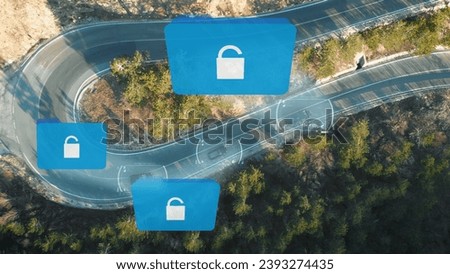 Black intelligence vehicles with sensitive data on winding road are hacked via satellite information stolen