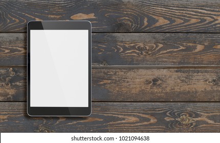 Black Ipad With Blank Screen On Old Wood Table