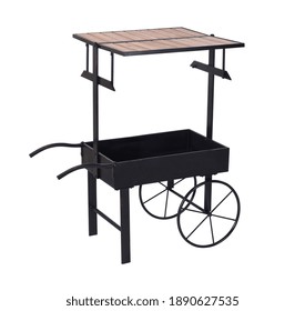 Black iron wheelbarrow on wheels with roof movable merchant counter isolated