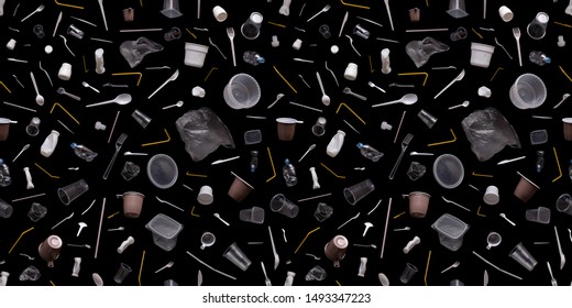 Black Isolated Seamless Background Made Of Plastic Trash. Large Set Of Disposable Plastic Utensils. Trash Background For Environmental Concepts. Beautiful Print On Eco Reusable Bag