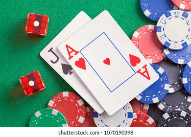 Black Jack Cards With Dice And Casino Chips.