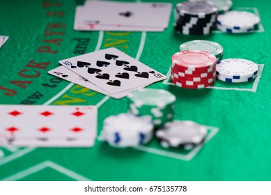 Black Jack casino table with cards and  chips