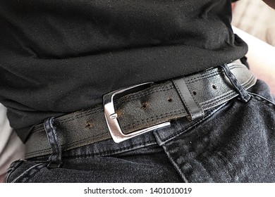 Black Jeans And Black Leather Belt, Slightly Overweight Man And Jeans,