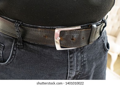 Black Jeans And Black Leather Belt, Slightly Overweight Man And Jeans,