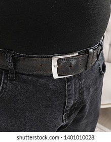 Black Jeans And Black Leather Belt, Slightly Overweight Man And Jeans,