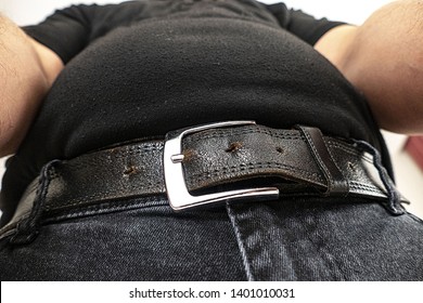 Black Jeans And Black Leather Belt, Slightly Overweight Man And Jeans,