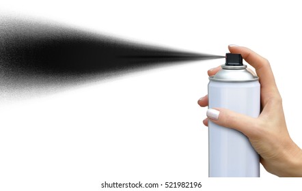 Black Jet Dispersion From An Aerosol Can In Female Hand On White Background