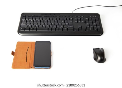 Black Keyboard And Mouse Smartphone Isolated On White Background