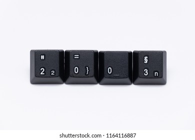 black keys of keyboard with different years words or names