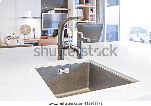 Black Kitchen Faucet Metal Sink On Stock Photo Edit Now 665508895