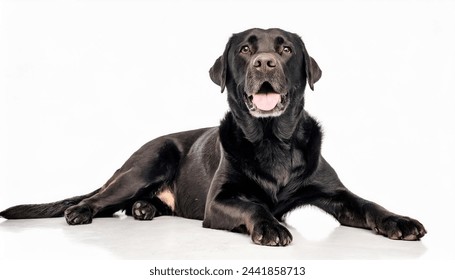 Black labrador lab retriever dog - Canis lupus familiaris - popular family dog, great with children isolated on white background laying down looking at camera with tongue out while panting