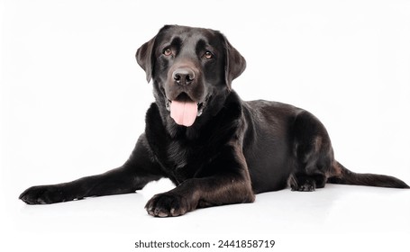 Black labrador lab retriever dog - Canis lupus familiaris - popular family dog, great with children isolated on white background laying down looking at camera with tongue out while panting