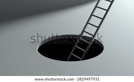 A black ladder extends out of a dark circular hole, reaching towards a bright light source above.