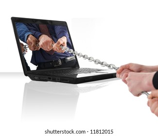 A Black Laptop Computer With A Tug Of War