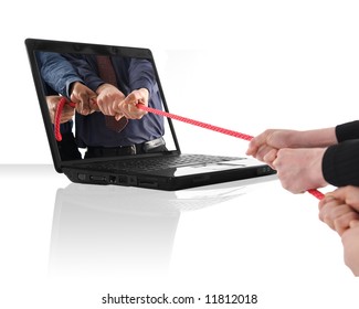 A Black Laptop Computer With A Tug Of War