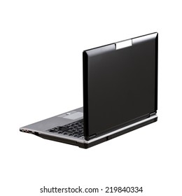 Black Laptop Isolated On White Background With Copy Space. Back View. Rotated Angle