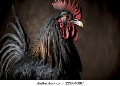 Black large rooster on dark background rooster portrait