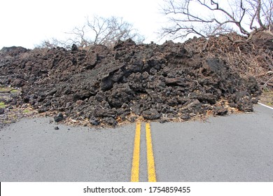 Black Lava Rocks Blocking The Road Due To Volcano Eruption Of Kilauea On Big Island In 2018. Hawaii.