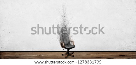 Black leather armchair disappear in room. Business fail position concept background