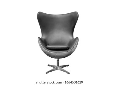 Black Leather Armchair Egg With Metal Back Isolated On White