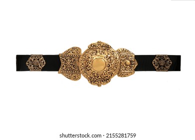 Black leather belt strap with big metal golden decorative buckle isolated on white background, female women's waistband girdle cummerbund, flat lay