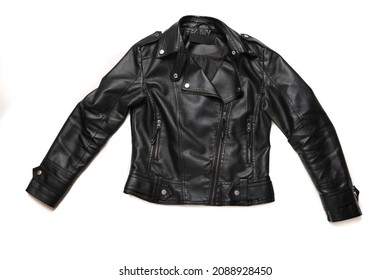 Black Leather Biker Jacket Isolated On White Background