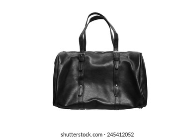 Black Leather Bowling Bag Isolated Over White