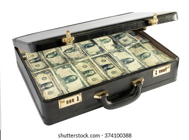 Black leather briefcase packed with money with the lid raised to show stacks of dollar bills conceptual of a ransom, wealth, savings, finances, bribe or money laundering