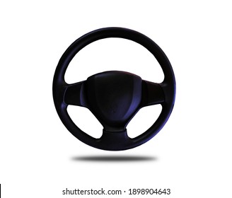 Black Leather Car Steering Wheel Separated From The Background Clipping Part