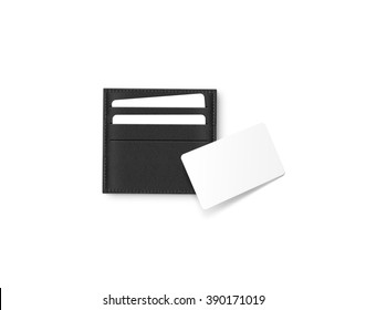 Black Leather Card Holder With Blank White Card Mock Up Isolated. Business Credit Cards Mockup In Sleeve Cardholder Pocket. Clear Paper Visiting Id Cards In Grey Wallet Box. Logo Design Presentation.