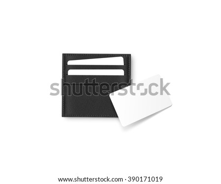 Black leather card holder with blank white card mock up isolated. Business credit cards mockup in sleeve cardholder pocket. Clear paper visiting id cards in grey wallet box. Logo design presentation.