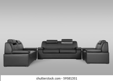 Black Leather Couch Isolated On White Gray Background