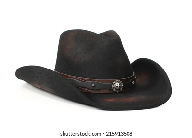 Black Leather Cowboy Hat On A White Background