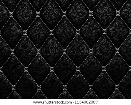 Black leather detail texture with white stich, Abstract interior detail black leather texture background.