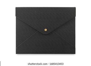Black leather document case with gold clips isolated on white background.