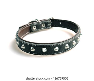 Black Leather Dog Collar Isolated On A White Background.