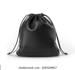 Black Leather Drawstring Pouch Mockup Isolated On White Background.