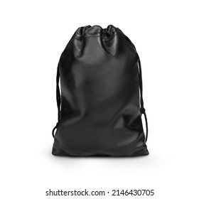 Black Leather Drawstring Pouch Mockup Isolated On White Background.