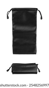 Black leather drawstring pouch, shown in both open and folded states, ideal for storing small items, sleek and elegant design, perfect for accessories or travel. Isolate on white background.