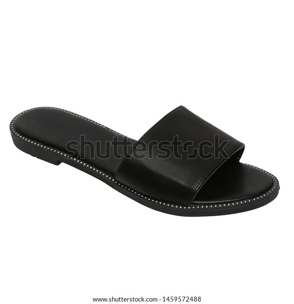 Black Leather Flat Slippers Ladies 