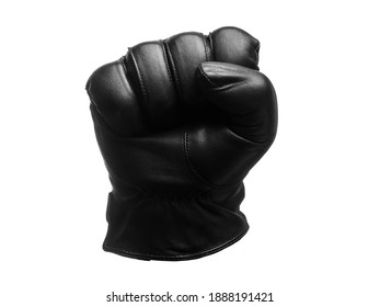black leather glove shows clenched fist up to yourself gesture. isolated white background.