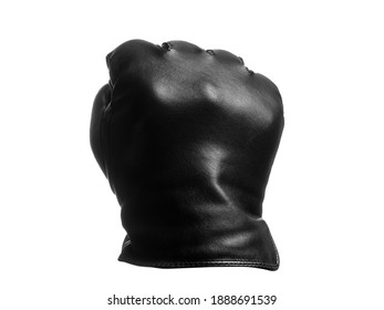black leather glove shows clenched fist up out gesture. isolated white background. - Shutterstock ID 1888691539