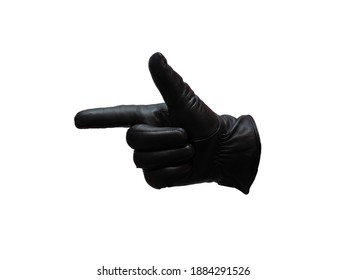 black leather glove shows cocked pistol gesture. isolated white background. - Shutterstock ID 1884291526